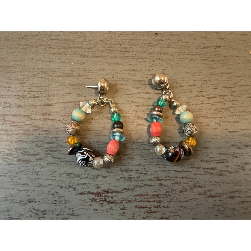 Bohemian Beaded Hoop Drop Earrings Multicolor Glass Wood Silver Tone 2 Inch